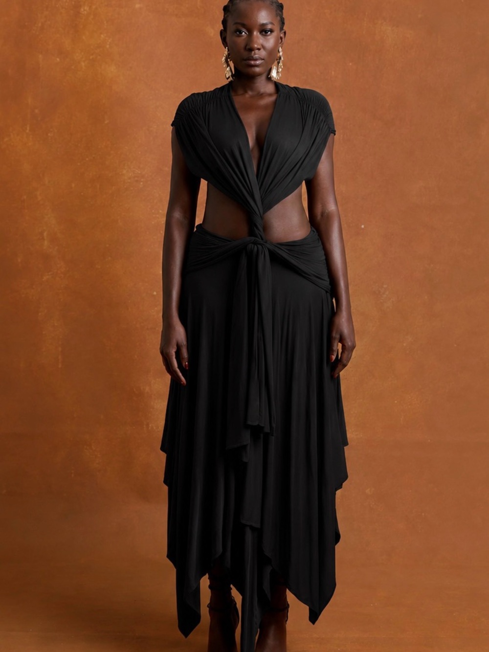 Black Twist-Front Midi Dress